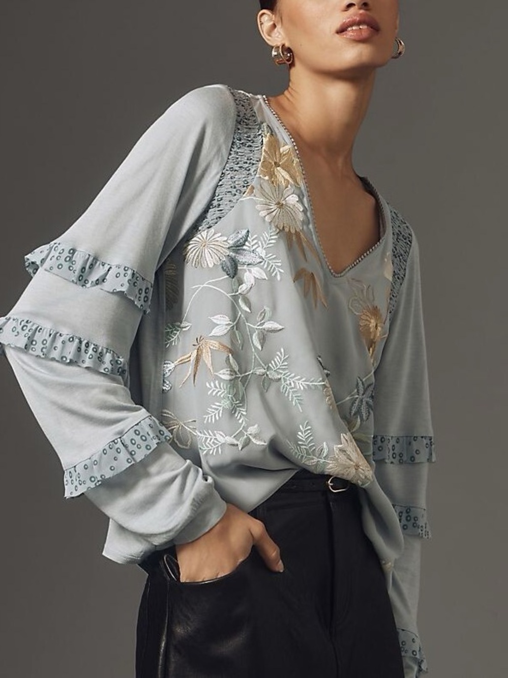 Anthropologie Tiny Frances Long-Sleeve Ruffled Top Embroidered Slate Blue XL